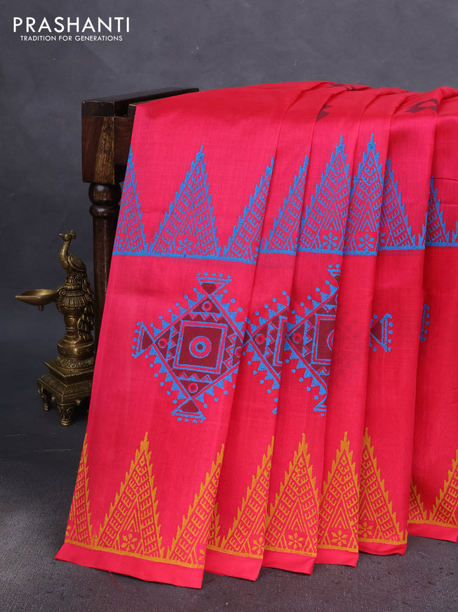 Silk cotton block printed saree pink with geometric butta prints and printed border