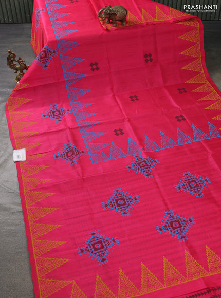 Silk cotton block printed saree pink with geometric butta prints and printed border
