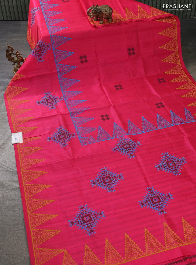Silk cotton block printed saree pink with geometric butta prints and printed border