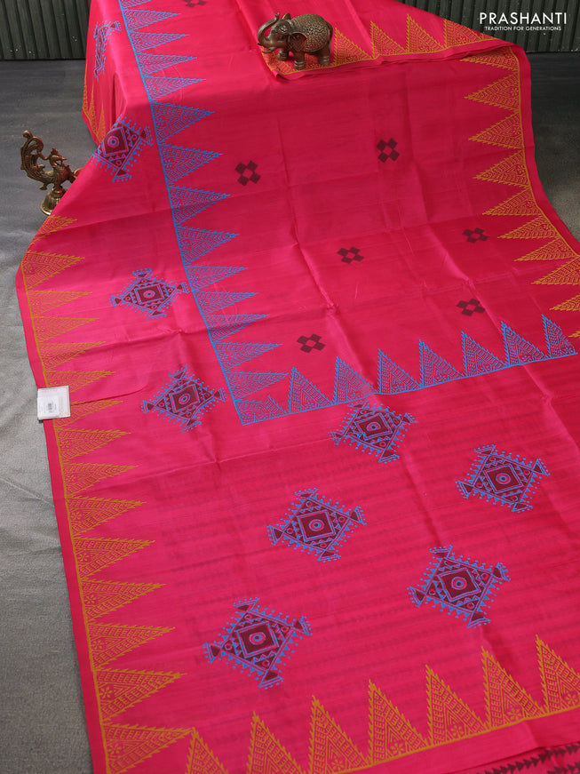 Silk cotton block printed saree pink with geometric butta prints and printed border