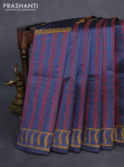 Silk cotton block printed saree grey with paisley butta prints and printed