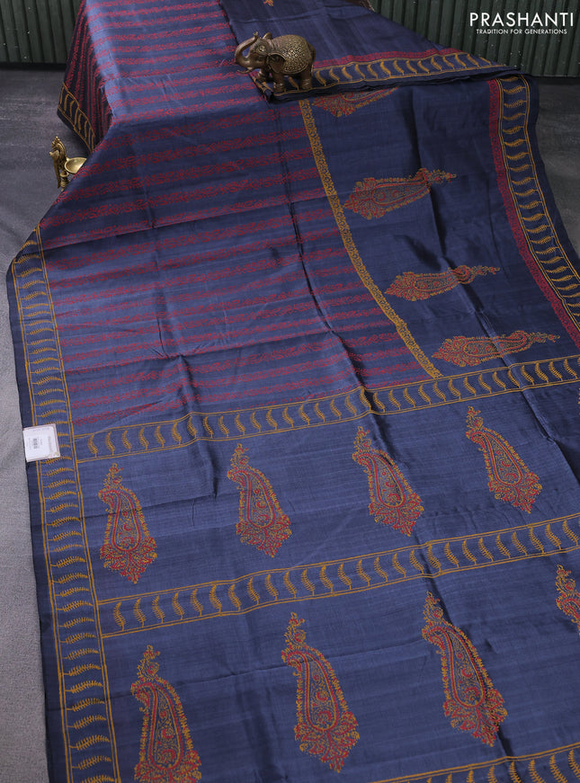 Silk cotton block printed saree grey with paisley butta prints and printed