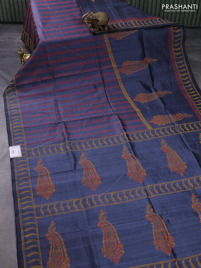 Silk cotton block printed saree grey with paisley butta prints and printed