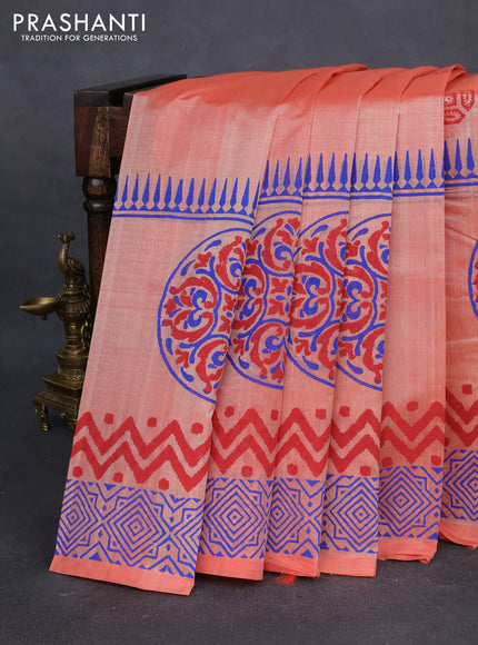 Silk cotton block printed saree pale orange with butta prints and long printed border