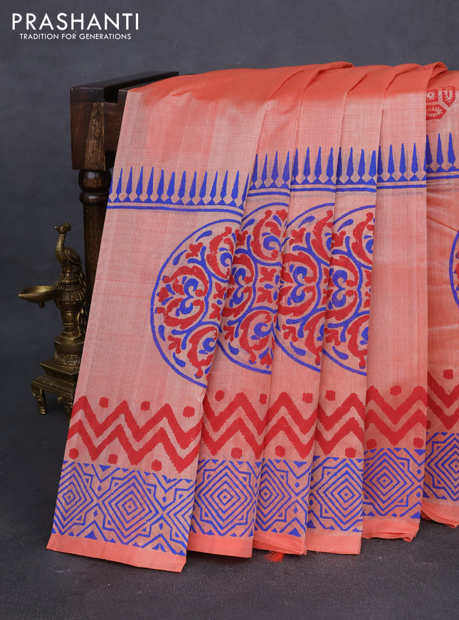 Silk cotton block printed saree pale orange with butta prints and long printed border