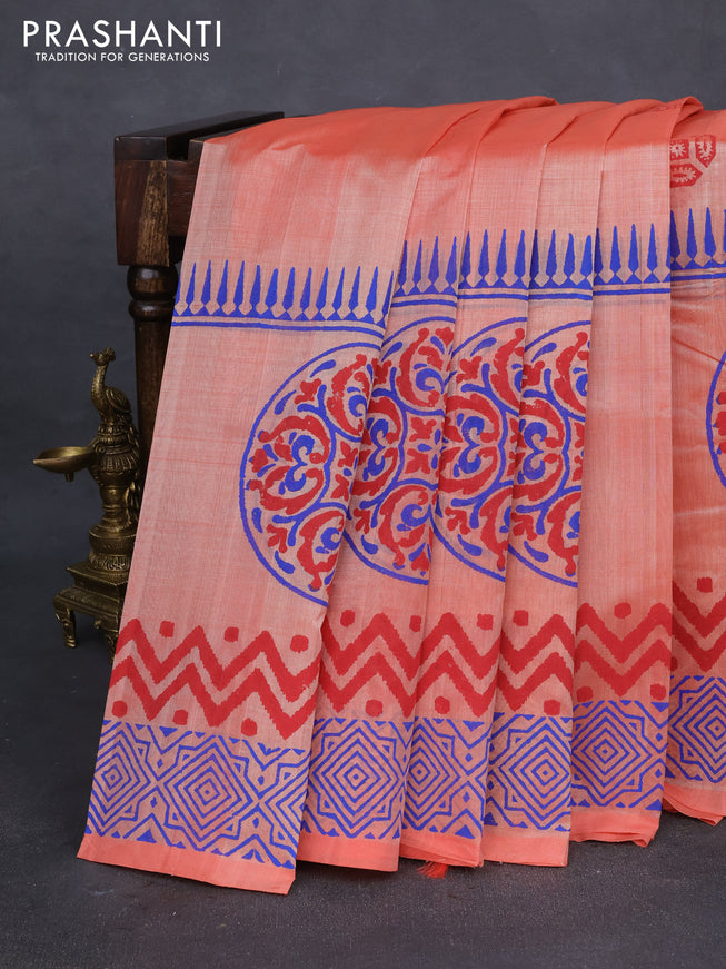 Silk cotton block printed saree pale orange with butta prints and long printed border