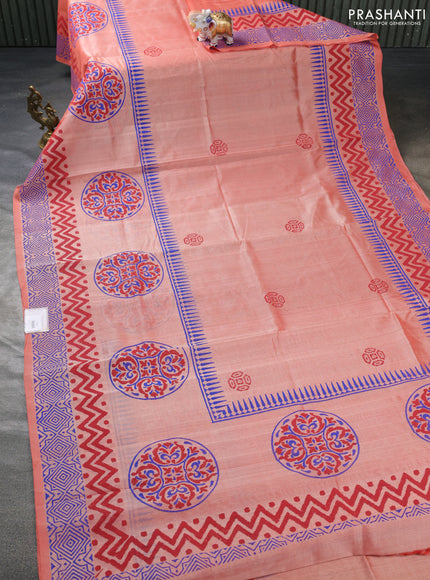 Silk cotton block printed saree pale orange with butta prints and long printed border