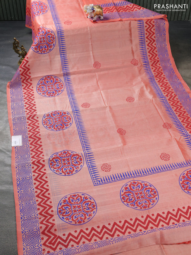 Silk cotton block printed saree pale orange with butta prints and long printed border