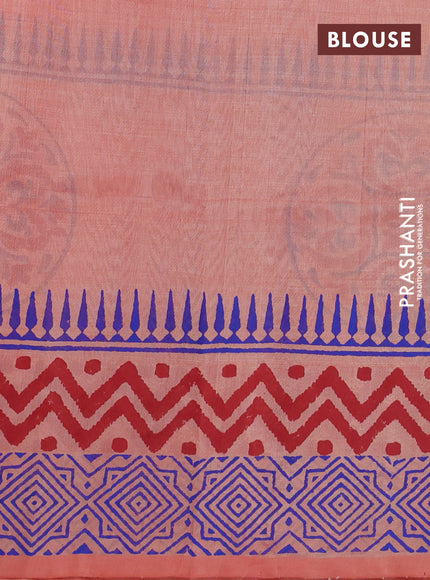 Silk cotton block printed saree pale orange with butta prints and long printed border