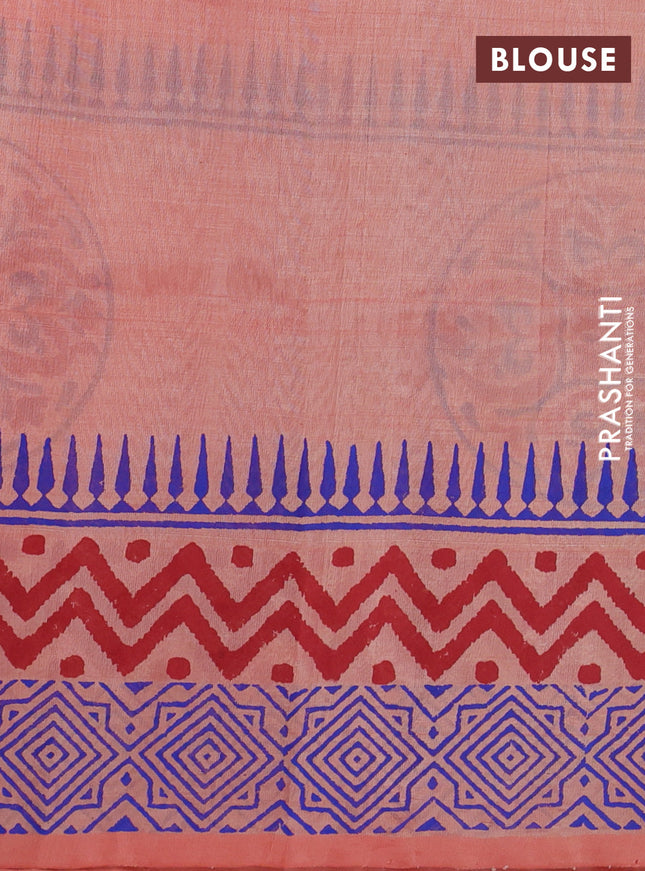 Silk cotton block printed saree pale orange with butta prints and long printed border