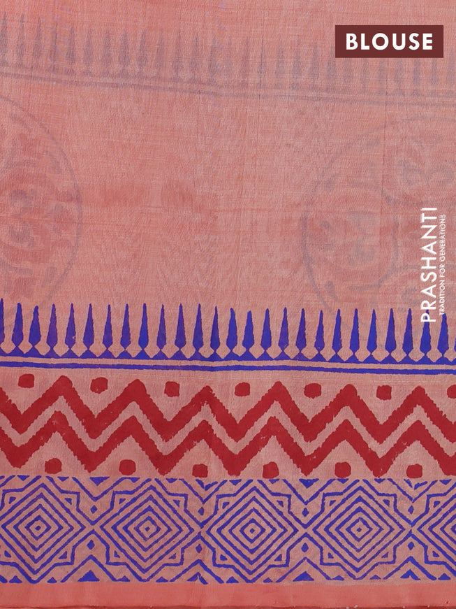 Silk cotton block printed saree pale orange with butta prints and long printed border
