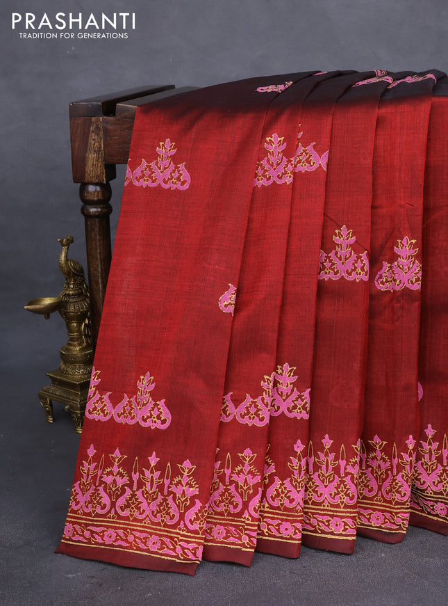Silk cotton block printed saree maroon with butta prints and printed border