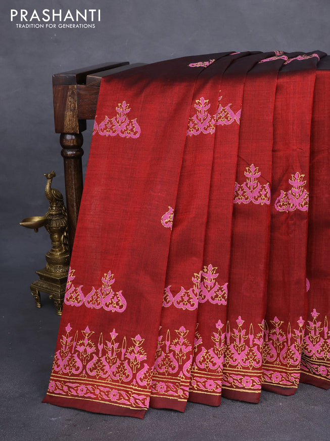 Silk cotton block printed saree maroon with butta prints and printed border