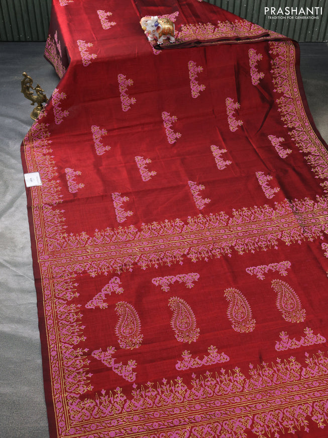 Silk cotton block printed saree maroon with butta prints and printed border