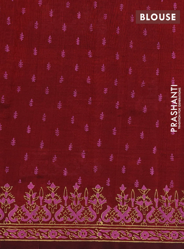 Silk cotton block printed saree maroon with butta prints and printed border