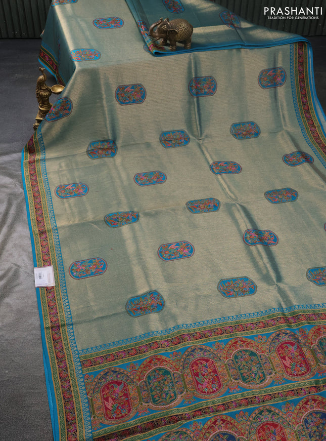 Banarasi silk saree teal blue shade with position prints and printed border