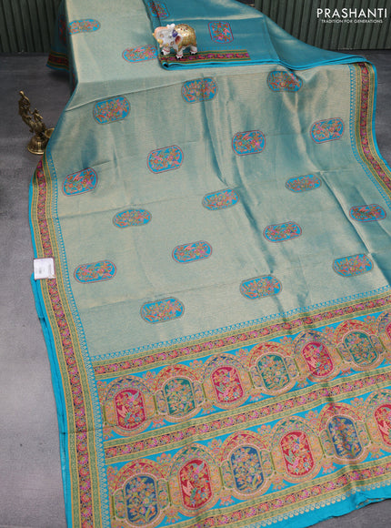 Banarasi silk saree teal blue with position prints and printed border