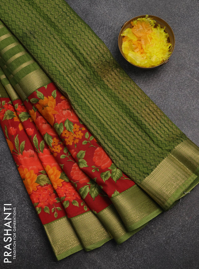 Semi mysore crepe saree green and red with zari weaves and long printed border