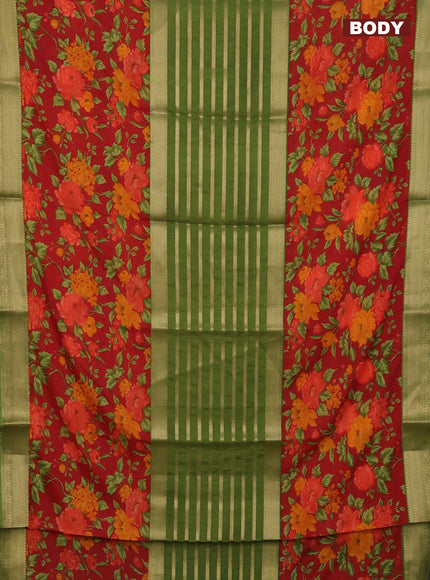 Semi mysore crepe saree green and red with zari weaves and long printed border