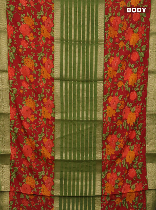 Semi mysore crepe saree green and red with zari weaves and long printed border