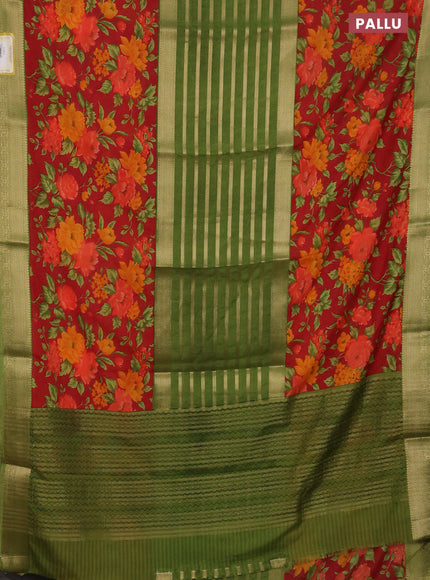 Semi mysore crepe saree green and red with zari weaves and long printed border