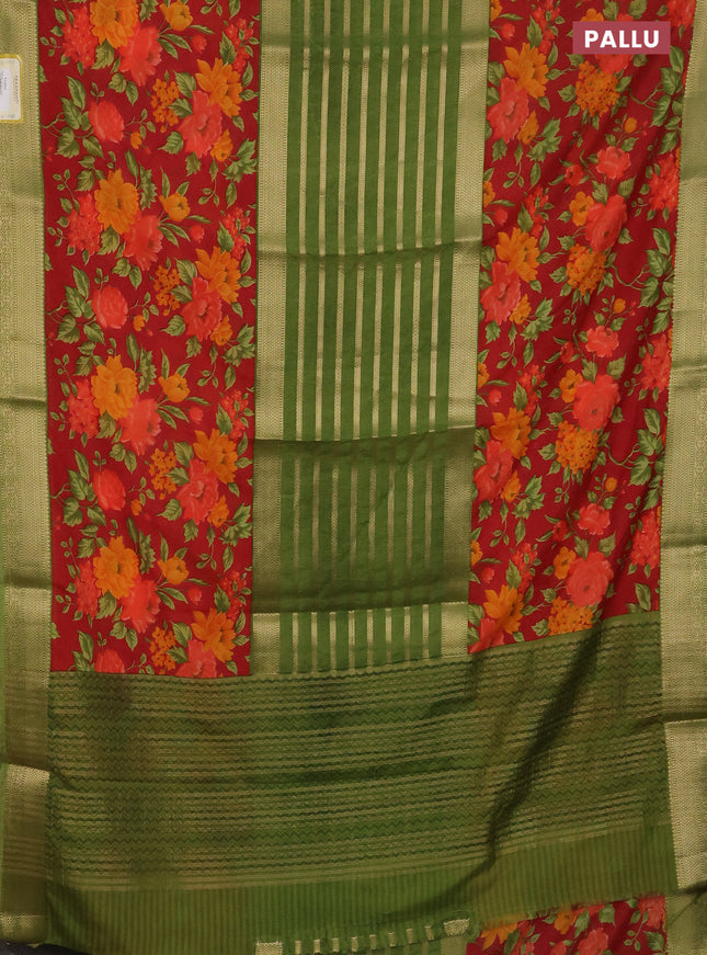 Semi mysore crepe saree green and red with zari weaves and long printed border