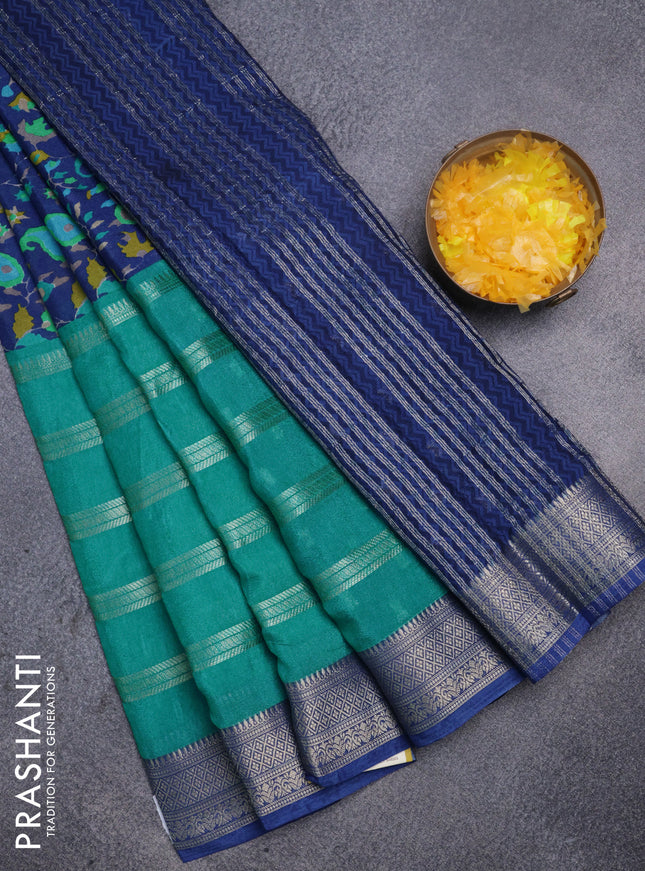 Semi mysore crepe saree blue and teal green with panel prints and long zari woven border
