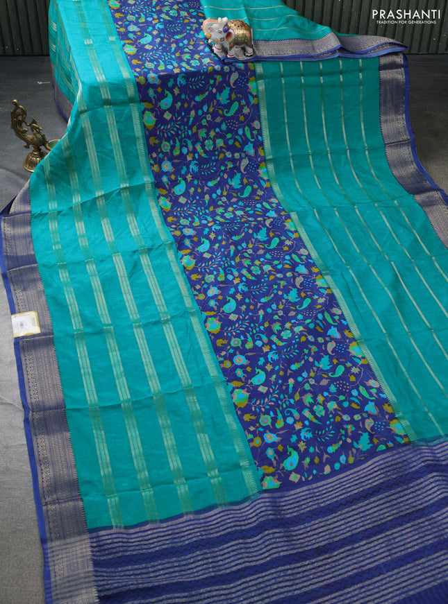 Semi mysore crepe saree blue and teal green with panel prints and long zari woven border