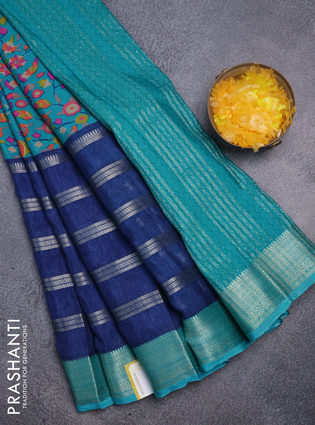 Semi mysore crepe saree teal blue and blue with panel prints and long zari woven border