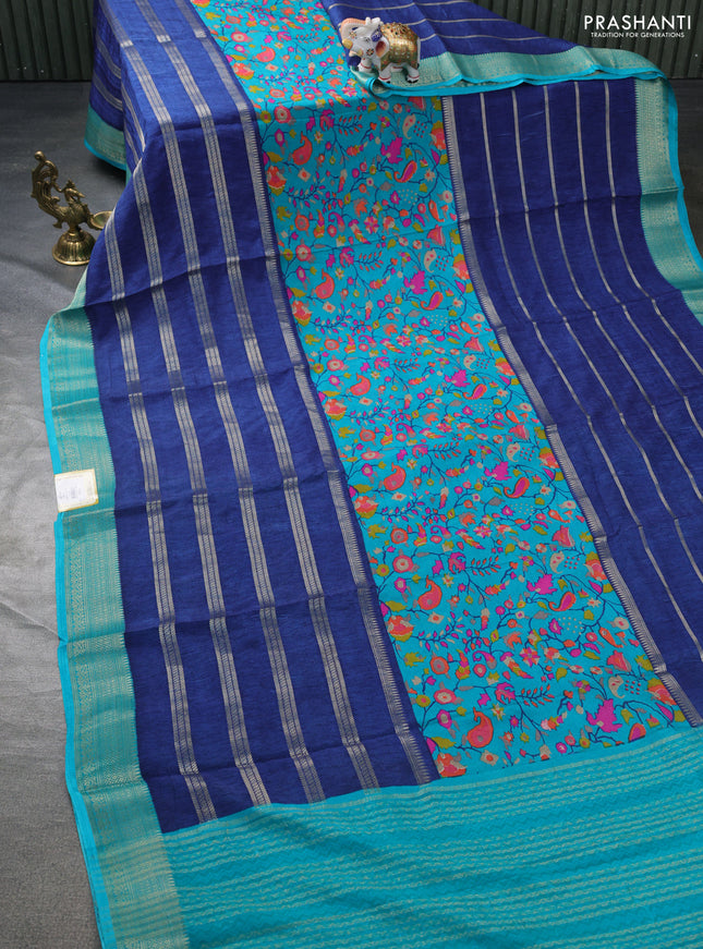 Semi mysore crepe saree teal blue and blue with panel prints and long zari woven border