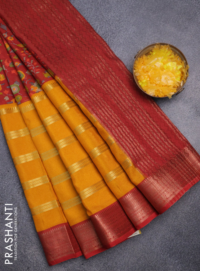 Semi mysore crepe saree maroon and mustard yellow with panel prints and long zari woven border
