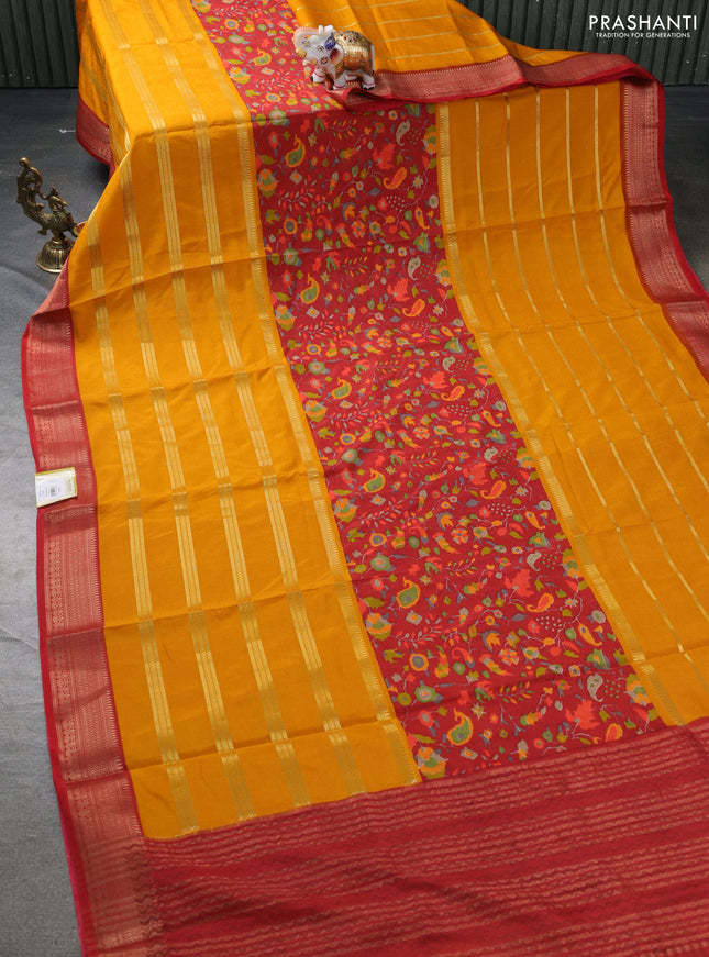 Semi mysore crepe saree maroon and mustard yellow with panel prints and long zari woven border