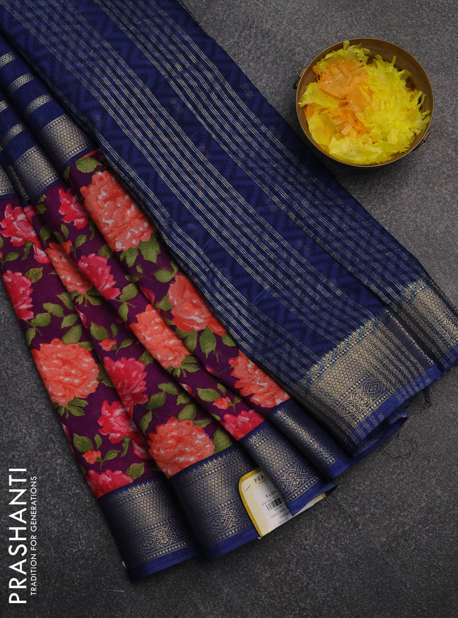 Semi mysore crepe saree blue and purple with zari weaves and long printed border