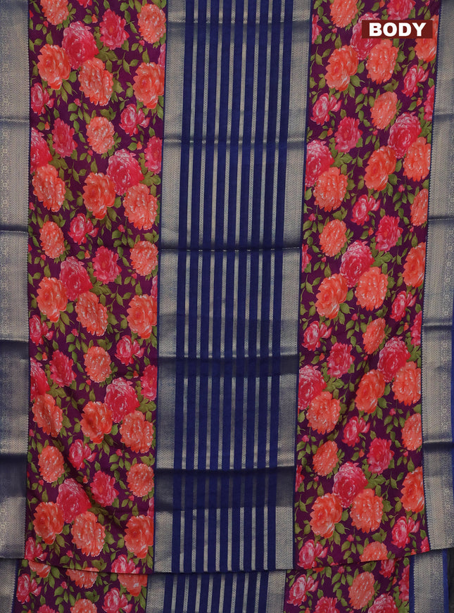 Semi mysore crepe saree blue and purple with zari weaves and long printed border