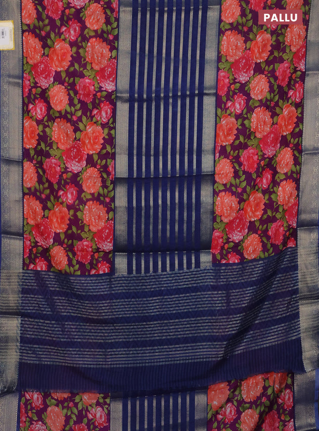 Semi mysore crepe saree blue and purple with zari weaves and long printed border