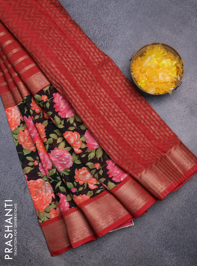 Semi mysore crepe saree maroon and black with zari weaves and long printed border