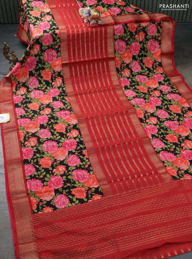 Semi mysore crepe saree maroon and black with zari weaves and long printed border