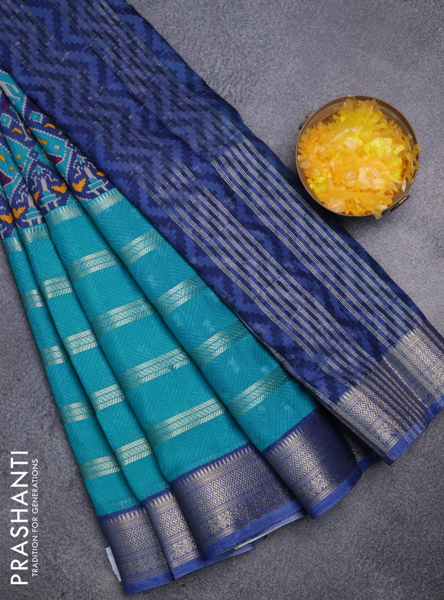 Semi mysore crepe saree blue and teal blue with panel prints and long zari woven border