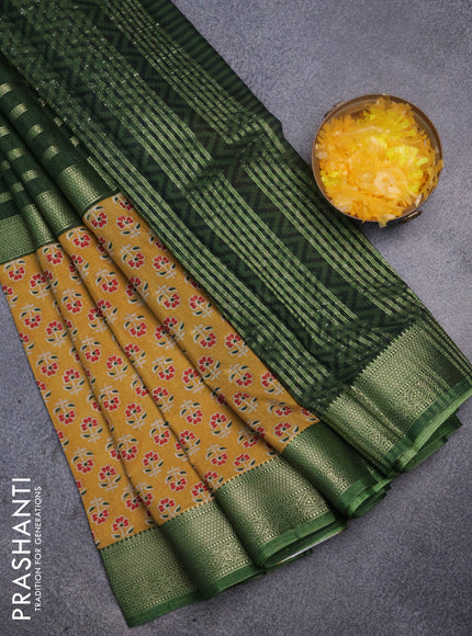 Semi mysore crepe saree green and mustard yellow with zari weaves and long printed border