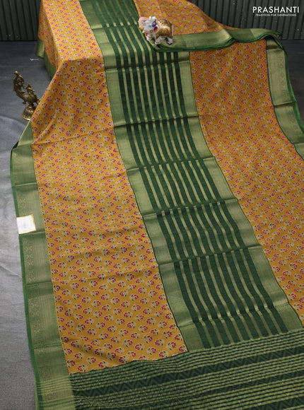 Semi mysore crepe saree green and mustard yellow with zari weaves and long printed border
