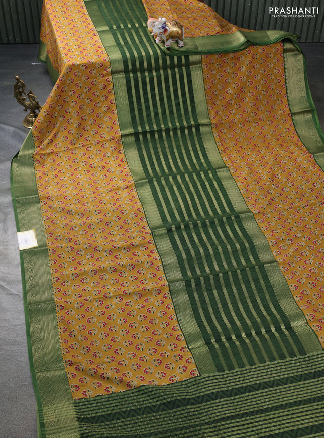 Semi mysore crepe saree green and mustard yellow with zari weaves and long printed border