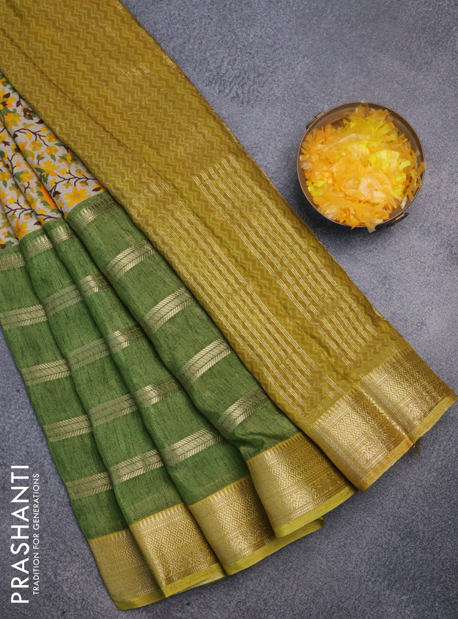 Semi mysore crepe saree beige and sap green with panel prints and long zari woven border