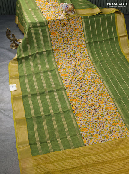 Semi mysore crepe saree beige and sap green with panel prints and long zari woven border