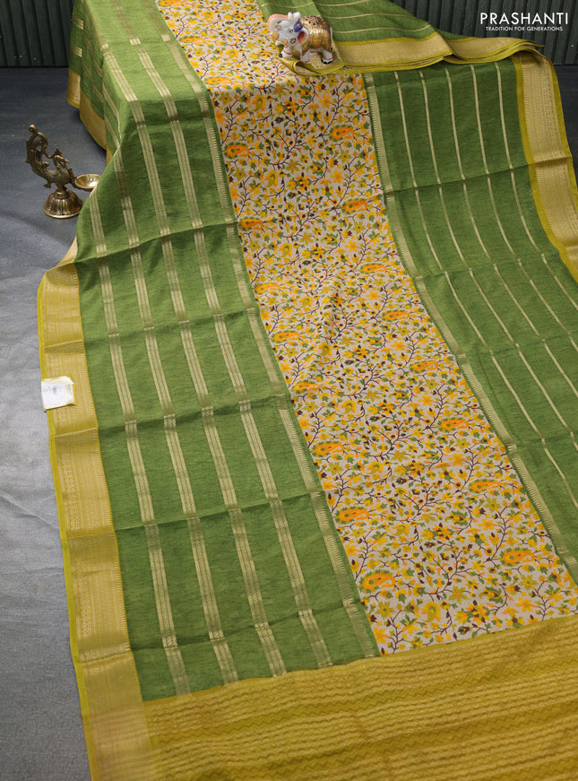 Semi mysore crepe saree beige and sap green with panel prints and long zari woven border