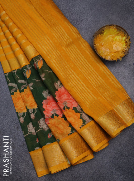 Semi mysore crepe saree mango yelllow and green with zari weaves and long printed border