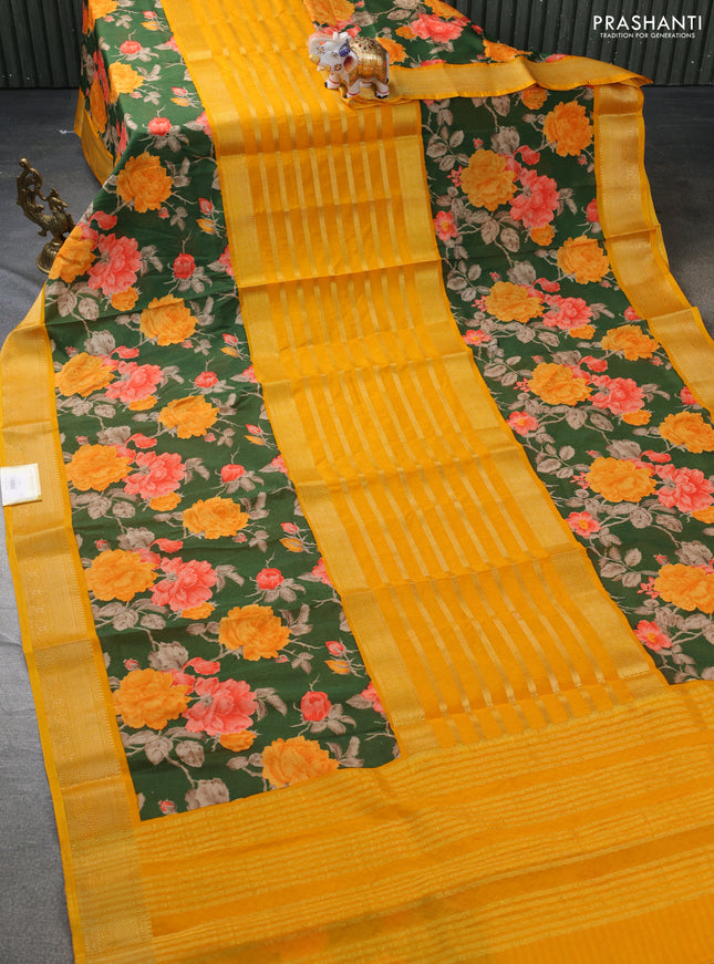 Semi mysore crepe saree mango yelllow and green with zari weaves and long printed border