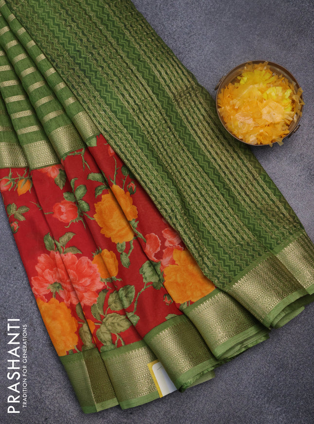 Semi mysore crepe saree green and red with zari weaves and long printed border