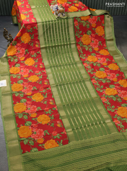 Semi mysore crepe saree green and red with zari weaves and long printed border