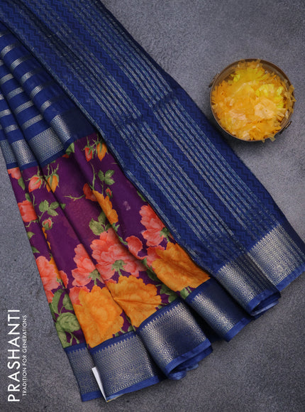 Semi mysore crepe saree blue and purple with zari weaves and long printed border
