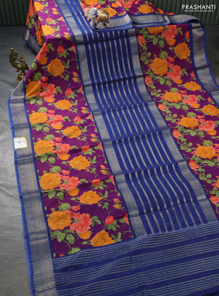 Semi mysore crepe saree blue and purple with zari weaves and long printed border